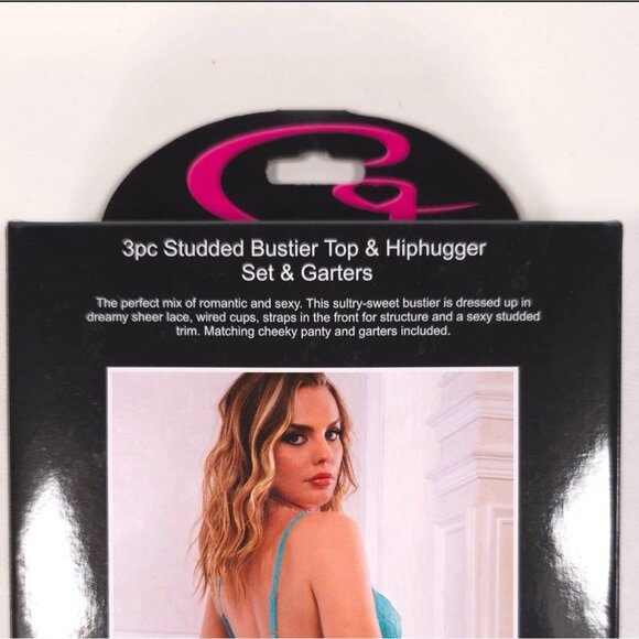 3 Pc Studded Bustier Top and Hiphugger Set With Garters One Size Neon Teal - Picture 5 of 7